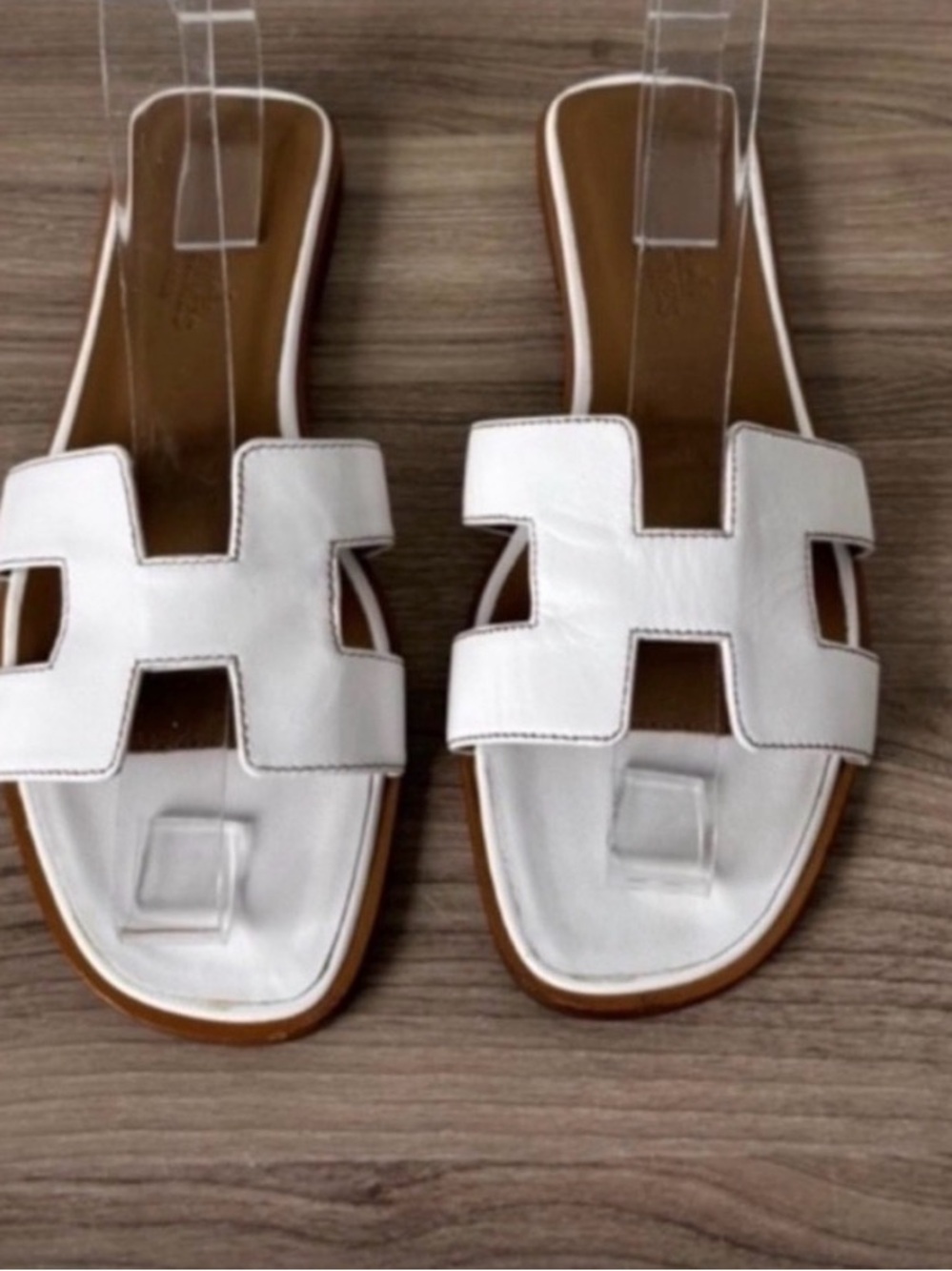 Hermes White Oran Slide Sandals with Brown Sole